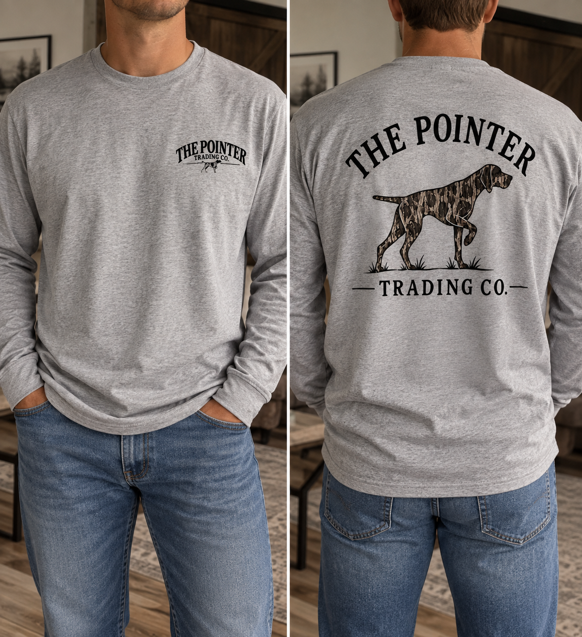The Camo Pointer Gildan® Long Sleeve Tee | Sport Grey 🤎🐾